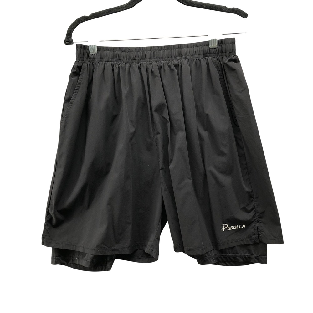 Pudolla 2-in-1 Running Shorts Mens L Black 9''‎ Inseam Athletic Gym